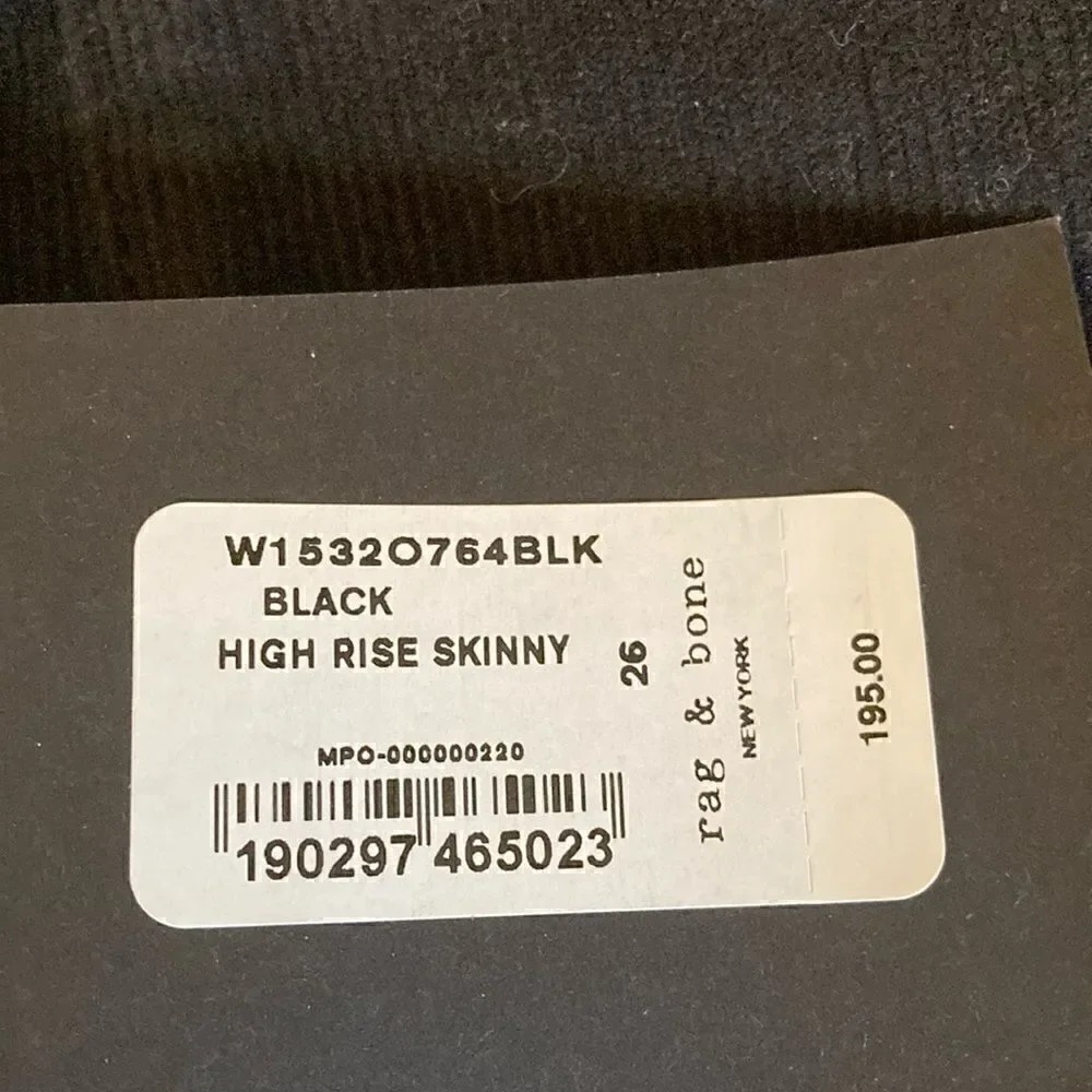 Rag & Bone NWT High Rise Skinny 5 Pocket Style Black Corduroy Pant. Size 26.